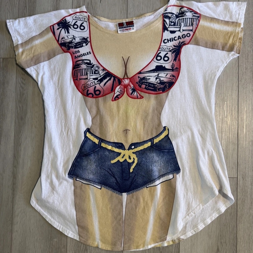 Vintage LA Imprints Retro Route 66 USA One Size Beach Cover Up Bikini TShirt 90s